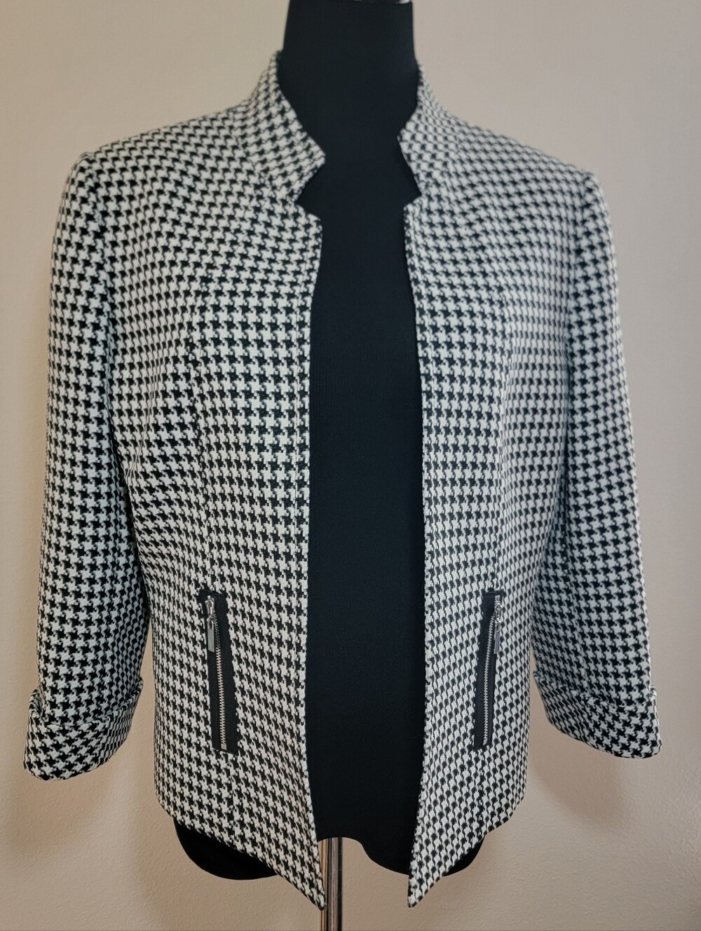 Women's Houndstooth Open Front Jacket - Black & White